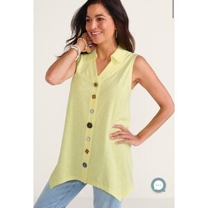 Soft Surroundings‎ Danielle Button Sleeveless 100% Cotton Tunic Fresh Lemonade L